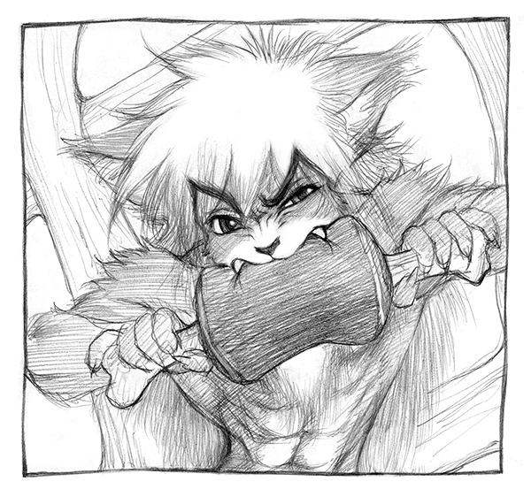 anthro detailed_background eating fangs fur hair kemono looking_at_viewer male meat_on_bone muscular muscular_anthro muscular_male solo teeth marudi felid feline mammal graphite_(artwork) greyscale monochrome traditional_media_(artwork)