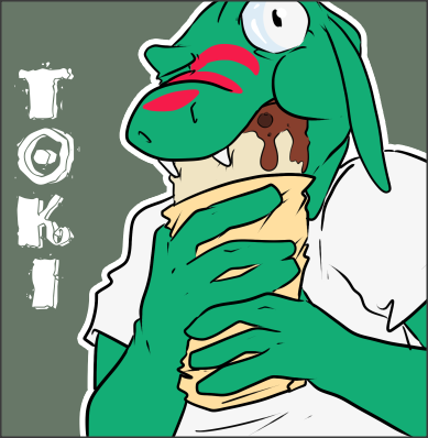 anthro border burrito clothing eating fangs food green_body grey_border humor looking_at_viewer male open_mouth simple_background solo stripes teeth trashdogeking toki_(character) lizard reptile scalie 2011 cel_shading low_res shaded