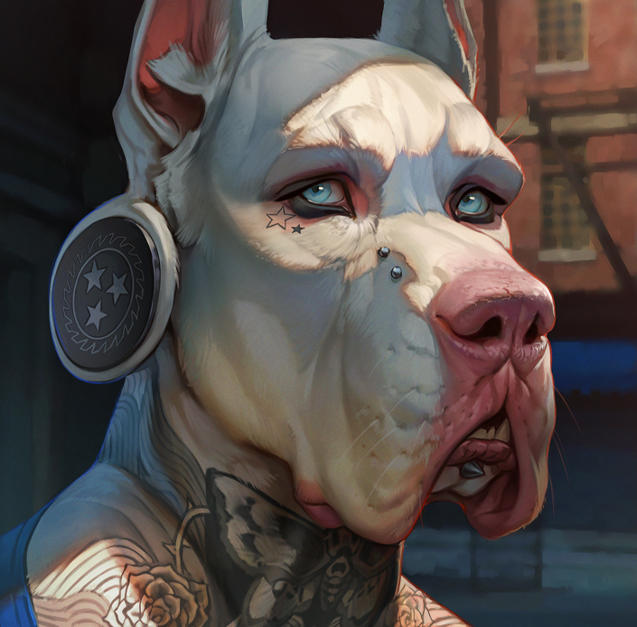 albino anthro blue_eyes bridge_piercing chest_tattoo dewlap_(anatomy) facial_piercing flesh_tunnel furgonomics furry-specific_piercing light lip_piercing lip_spike lips looking_at_viewer male muzzle_piercing nose_piercing photorealism piercing pink_lips pink_nose pointy_ears pose pouting prick_ears solo star_tattoo tattoo tattoo_on_neck teeth three-quarter_view sinealas canid canine canis domestic_dog great_dane mammal mastiff molosser digital_media_(artwork) digital_painting_(artwork) headshot_portrait lighting portrait shaded soft_shading