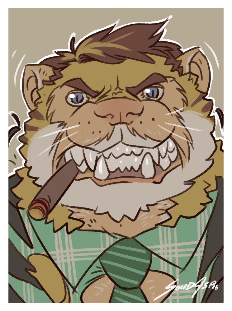 angry anthro border businesswear cigar clothing fangs front_view male necktie overweight overweight_anthro overweight_male smoking solo suit teeth torn_clothing transformation white_border solidasp domestic_cat felid feline felis mammal tabby_cat 2016 bust_portrait digital_media_(artwork) portrait