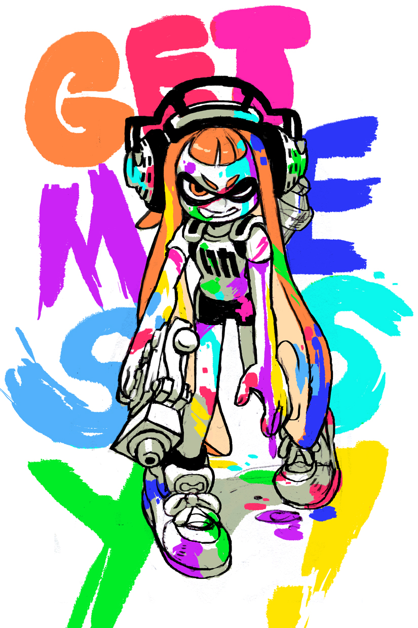 electronics eye_markings female grin hair headphones ink markings one_eye_closed orange_hair pseudo_hair simple_background smile solo tentacle_hair tentacles text toy toy_gun water_gun young young_female young_humanoid alex_ahad nintendo splatoon animal_humanoid cephalopod cephalopod_humanoid humanoid inkling marine marine_humanoid mollusk mollusk_humanoid english_text hi_res