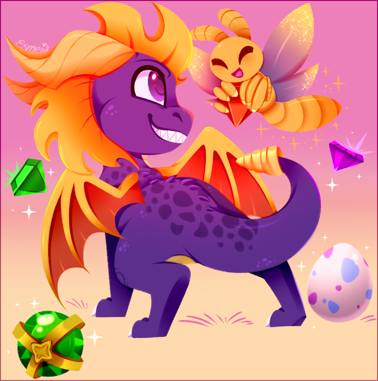 antennae_(anatomy) chibi claws duo egg eyes_closed feral gem happy horn insect_wings male membrane_(anatomy) membranous_wings multi_limb multi_wing orange_wings purple_body purple_scales scales sharp_teeth smile spikes tail teeth wings yellow_body yellow_skin esmeia activision european_mythology mythology spyro_the_dragon sparx spyro arthropod dragon dragonfly insect mythological_creature mythological_scalie scalie western_dragon 2023 colorful_theme digital_media_(artwork)