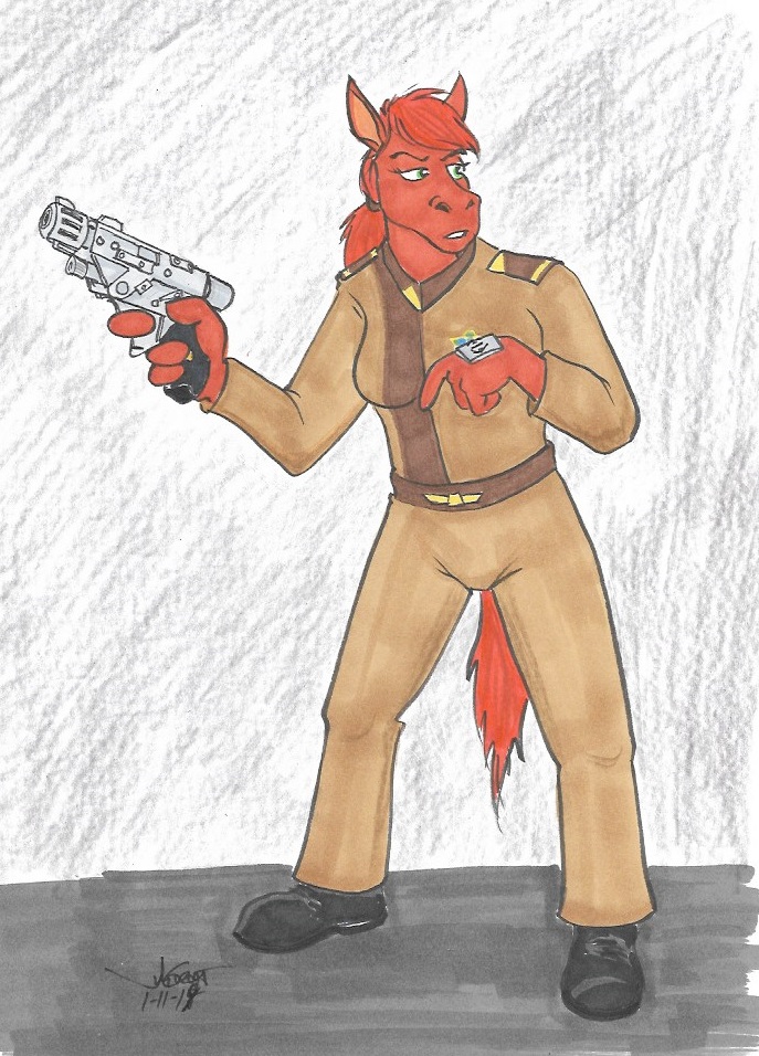 anthro biped clothing female footwear green_eyes gun hair holding_gun holding_object holding_ranged_weapon holding_weapon looking_back open_mouth ponytail ppg ranged_weapon red_hair shoes simple_background solo standing uniform weapon rabbi-tom babylon_5 red_shetland equid equine horse mammal pony shetland_pony 2018