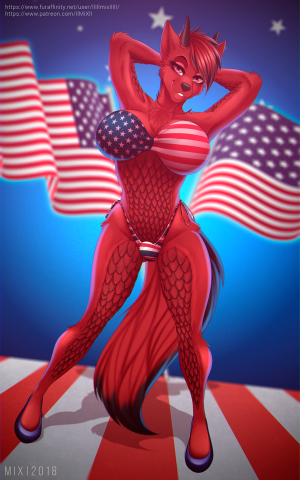 american_flag american_flag_bikini anthro big_breasts bikini breasts bulge clothing flag flag_(object) flag_bikini flag_clothing flag_print flag_swimwear footwear fur gynomorph huge_breasts intersex print_bikini print_clothing print_swimwear red_body red_fur red_scales scales solo swimwear tail text two-piece_swimsuit united_states_of_america galacticmichi mythology redwolfofdeath canid canine canis dragon hybrid mammal mythological_creature mythological_scalie scalie wolf 5:8 url