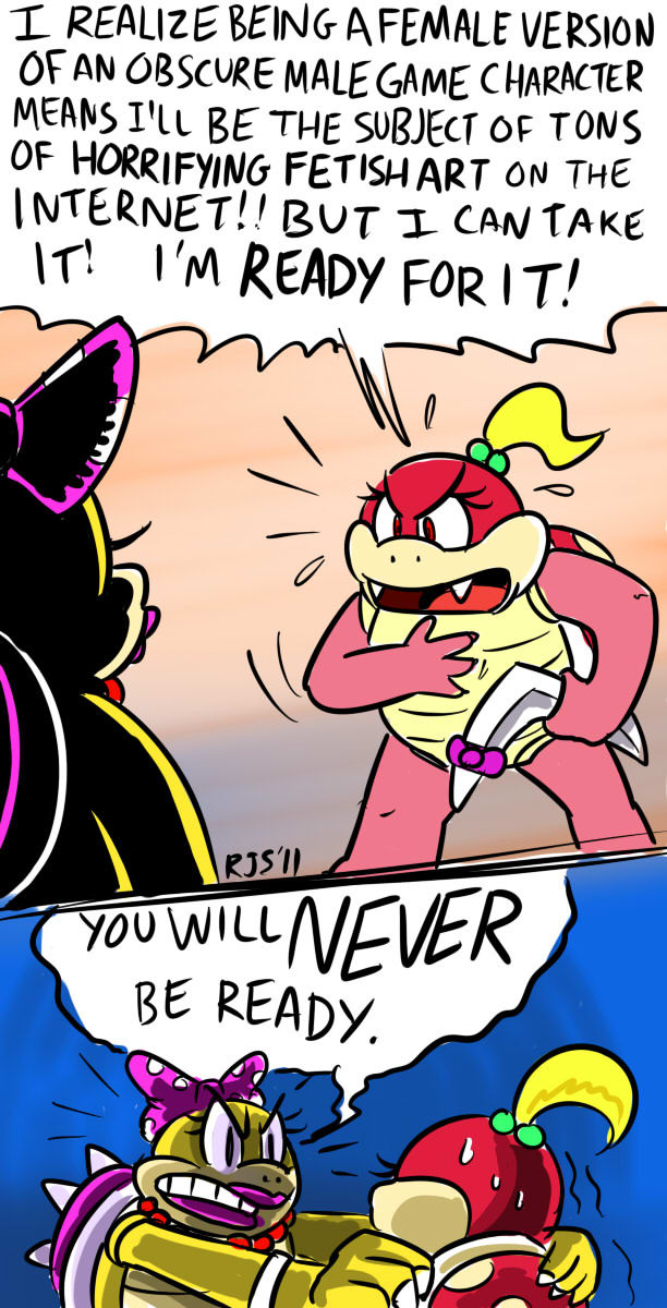 anthro boomerang bow_ribbon bracelet dialogue duo female grabbing_shoulders hair humor jewelry ponytail speech_bubble text ronnieraccoon mario_bros nintendo koopaling pom_pom_(mario) wendy_o._koopa boom_boom koopa scalie comic english_text hi_res