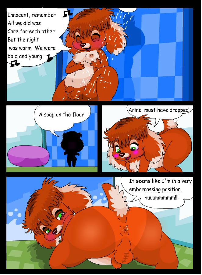 anthro anus balls butt dialogue genitals gynomorph intersex nude penis perineum presenting presenting_hindquarters shower solo text arineu_(artist) boys_taken arineu_(character) canid canine canis domestic_dog mammal comic english_text