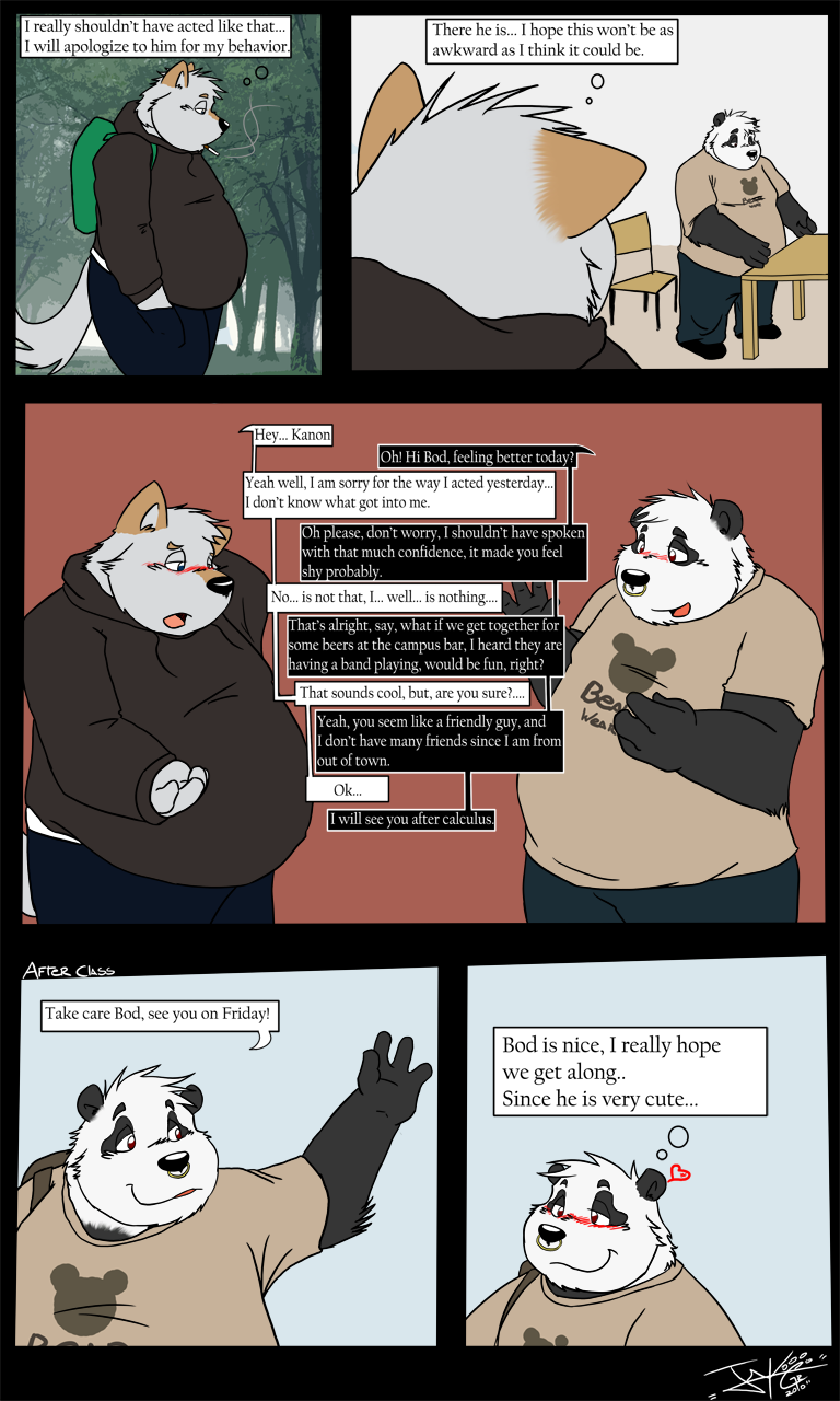 anthro blush detailed_background dialogue heart_symbol heterochromia male male/male overweight slice_of_life tail text jakegr bod kanon bear canid canine canis domestic_dog giant_panda mammal 3:5 comic english_text hi_res