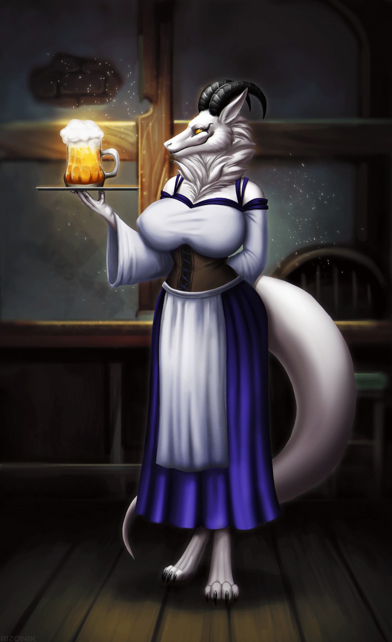 accessory alcohol anthro barmaid beer beverage big_breasts bovid_horn breasts butt caprine_horn claws clothed clothing dress female fur glowing horn looking_at_viewer markings multicolored_body ram_horn simple_background smile solo sparkles tavern white_body white_fur yellow_eyes rizonik alien mammal synx 2020 colored digital_drawing_(artwork) digital_media_(artwork) digital_painting_(artwork) full-length_portrait hi_res portrait shaded