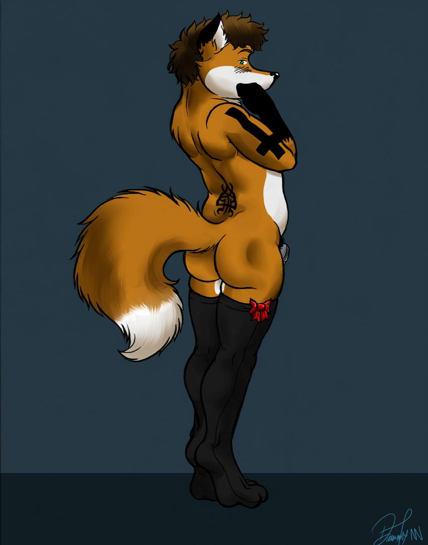 anthro black_body black_fur blush butt chastity_cage chastity_device clothed clothing countershading cross crossdressing dipstick_tail femboy fur gloves_(marking) inverted_cross legwear male markings multicolored_tail orange_body orange_fur phallic_chastity_device shy slightly_chubby solo stockings tail tail_markings white_body white_countershading white_fur neoneon damian_fox_(neoneon) canid canine fox mammal