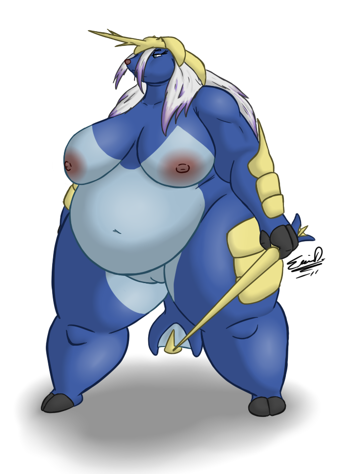 anthro belly big_belly breasts female genitals hair love_handles nipples obese obese_anthro obese_female overweight overweight_anthro overweight_female plump_labia pokemorph pussy solo white_hair bbwpokedex eddy_okapi nintendo pokemon generation_5_pokemon pokemon_(species) samurott 2011