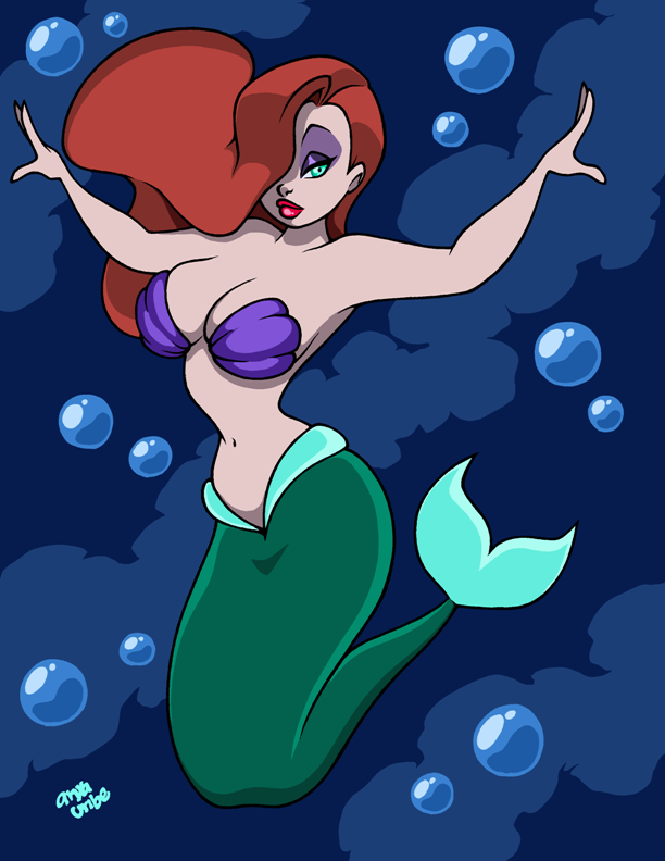 big_breasts bra breasts cleavage clothed clothing cosplay curvy_figure eyebrows eyelashes eyeshadow female fin fingers fish_tail green_eyes green_tail hair hair_over_eye hourglass_figure hourglass_figured_female hourglass_figured_humanoid legless lips long_hair makeup mermaid_tail mermaidification monster_girl_(genre) navel one_eye_obstructed purple_bra purple_clothing purple_eyeshadow purple_underwear red_hair red_lips seashell_bra small_waist solo split_form tail tail_fin underwear anyauribe disney the_little_mermaid_(1989) who_framed_roger_rabbit ariel_(disney) jessica_rabbit animal_humanoid fish fish_humanoid humanoid humanoid_merfolk marine marine_humanoid merfolk