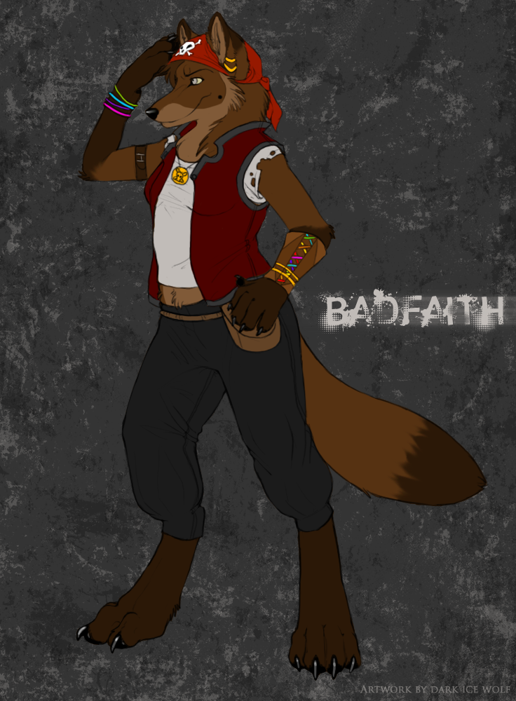 anthro badfaith bracelet clothing digitigrade dipstick_tail ear_piercing female grey_background headgear headkerchief headwear jewelry kerchief markings piercing pirate pose simple_background smile solo tail tail_markings cedarwolf