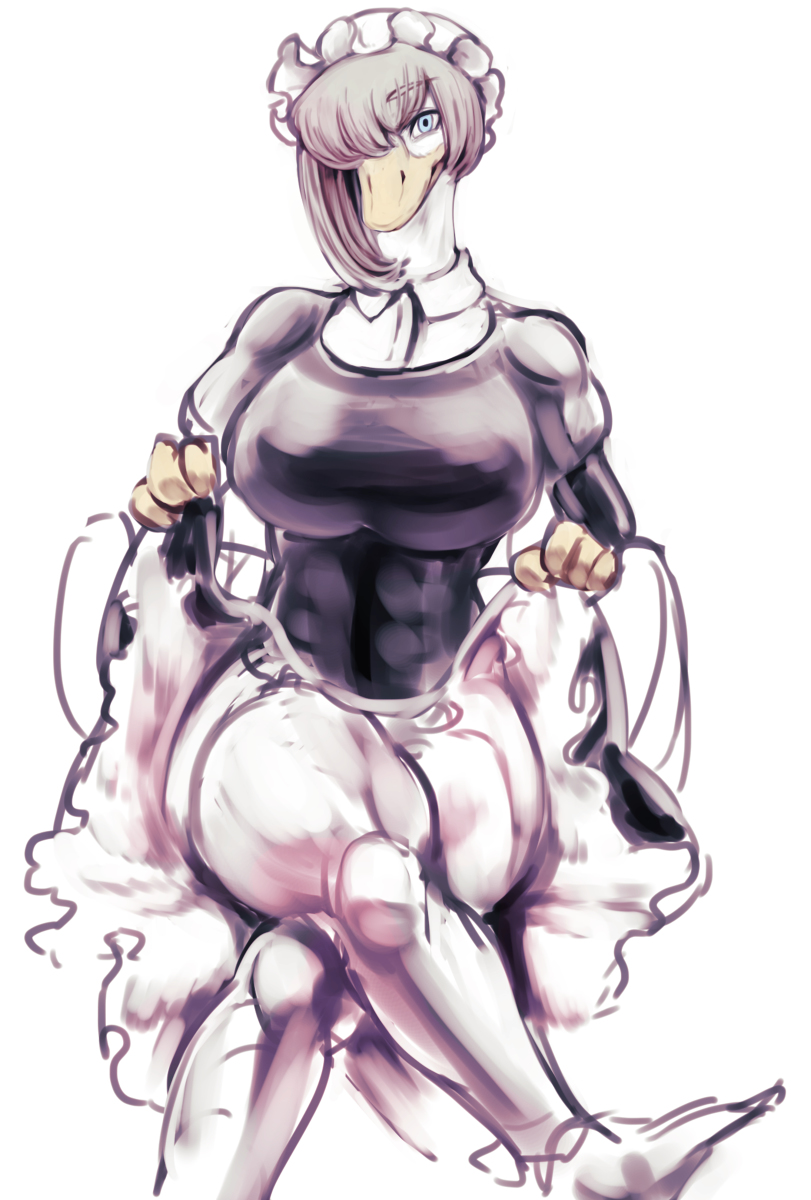 anthro big_breasts breasts clothed clothing dress feet female leggings legwear looking_at_viewer maid_uniform membrane_(anatomy) non-mammal_breasts raised_clothing raised_dress solo toes uniform webbed_feet bubonikku anatid anseriform avian bird duck hi_res