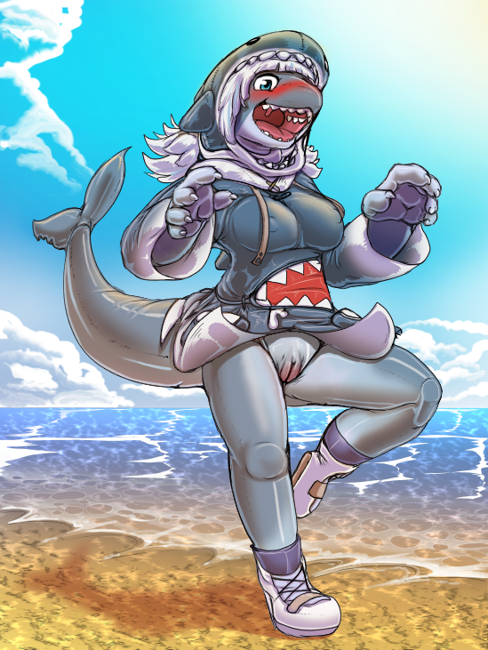 5_fingers alternate_species anthro beach biped blue_eyes blue_sky blush bottomless bottomless_anthro bottomless_female breasts claws clitoris clothed clothed_anthro clothed_female clothing cloud day detailed_background female finger_claws fingers footwear front_view furrification genitals hair hoodie looking_at_viewer nipple_outline one_leg_up open_mouth outside pussy raised_leg red_tongue sand sea seaside sharp_teeth shoes sky solo standing tail teeth tongue topwear water white_clothing white_footwear white_hair white_shoes kitsune_youkai hololive hololive_en vtuber gawr_gura fish marine shark 2024 digital_media_(artwork)