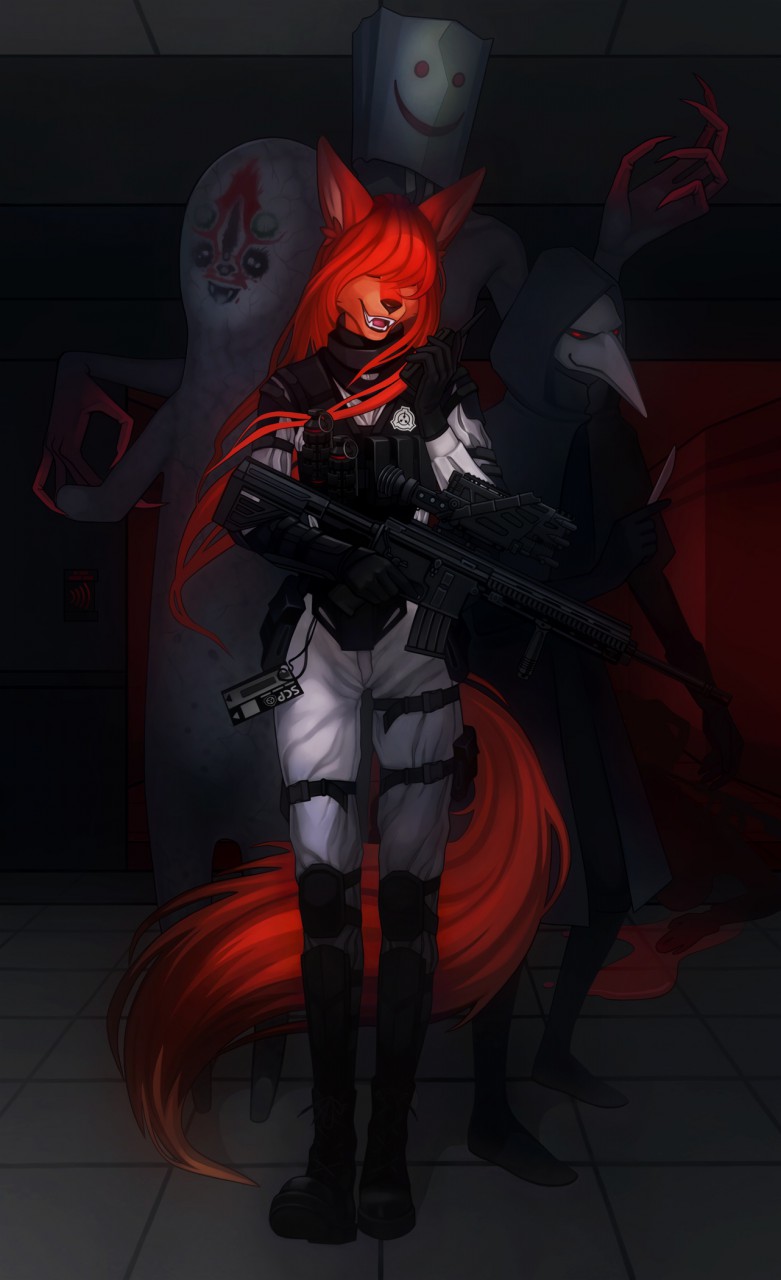 5_fingers anthro armor black_nose blood bodily_fluids body_armor boots card clothed clothing detailed_background female fingers footwear fully_clothed gloves group gun hair handwear holding_object holding_weapon long_ears long_hair long_legs long_tail medical_instrument military orange_body orange_hair plague_doctor ranged_weapon rifle scalpel scientific_instrument scope shoes smile suit surgical_instrument tail weapon white_clothing anonymous_artist scp_foundation scp-049 scp-096 scp-173 tfs_amarihel_(character) canid canine fox mammal red_fox true_fox digital_media_(artwork) hi_res