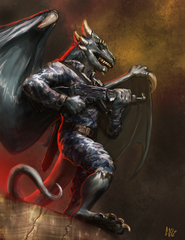 abstract_background ak-47 ak_platform anthro army assault_rifle belt biped camo claws clothed clothing gun horn looking_at_viewer male membrane_(anatomy) membranous_wings pose ranged_weapon red_eyes rifle sharp_teeth simple_background solo standing tail teeth torn_clothing uniform weapon wings tumorhead mythology dragon mythological_creature mythological_scalie scalie 2012 signature