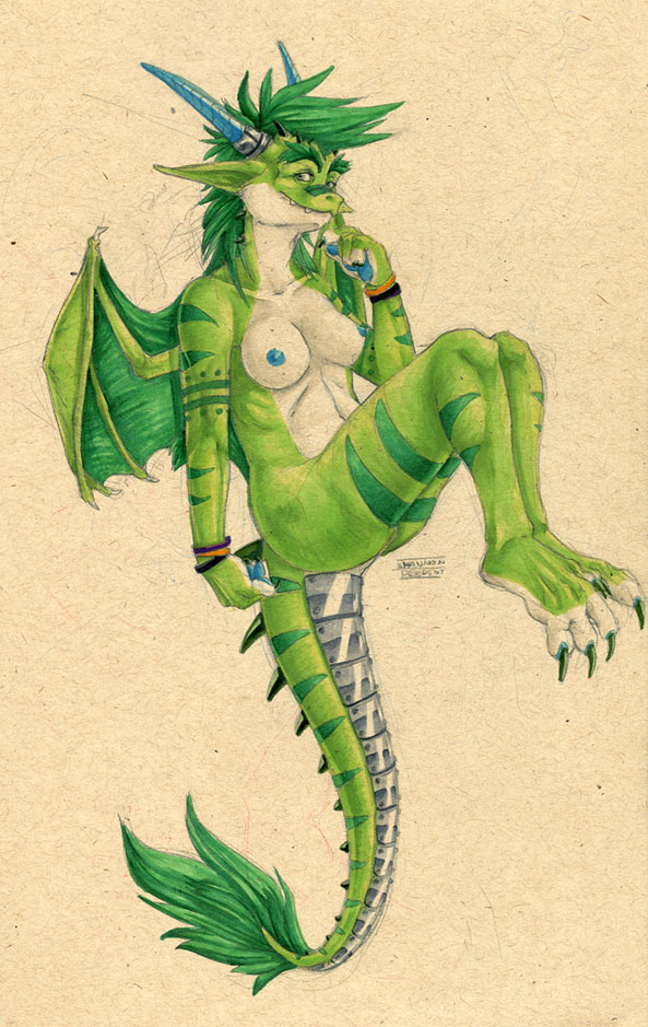 anthro armor barely_visible_genitalia barely_visible_pussy biped breasts claws female floating furgonomics genitals green_hair hair horn membrane_(anatomy) membranous_wings metal nipples non-mammal_breasts non-mammal_nipples nude pawpads plate_mail pose pussy simple_background solo stripes tail tail_armor toe_claws wings sapphire_(artist) mythology dragon mythological_creature mythological_scalie scalie 2007 pinup traditional_media_(artwork)