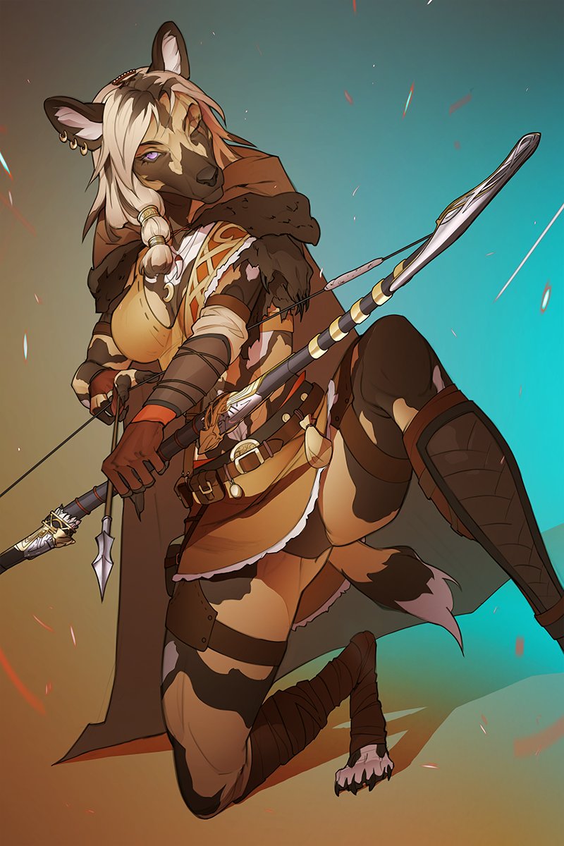 anthro arrow_(weapon) bow_(weapon) breasts clothed clothing female fur hair multiple_ear_ring one_eye_closed panties panty_peek ranged_weapon simple_background solo underwear weapon okithau african_wild_dog canid canine mammal 2:3 digital_media_(artwork) hi_res