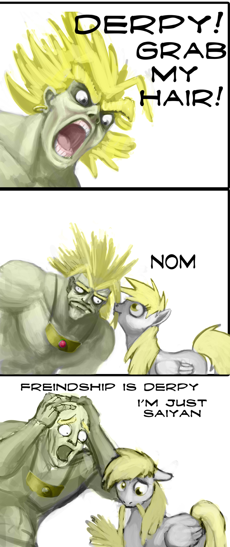 bald dialogue duo fail feathered_wings feathers female feral grey_body grey_feathers hair hair_grab male nom simple_background tail text touching_hair wings hattonslayden dragon_ball friendship_is_magic hasbro me_gusta my_little_pony mythology broly derpy_hooves_(mlp) equid equine human humanoid mammal mythological_creature mythological_equine pegasus saiyan comic crossover english_text hi_res meme