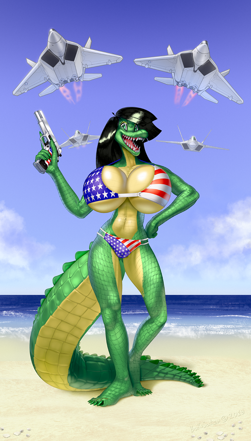 aircraft airplane american_flag american_flag_bikini anthro beach big_breasts bikini breasts clothed clothing curvy_figure f-22 female flag flag_bikini flag_clothing flag_print flag_swimwear gun hair handgun huge_breasts jet looking_at_viewer m1911 non-mammal_breasts obalisa open_mouth outside pistol print_bikini print_clothing print_swimwear ranged_weapon seaside smile solo standing swimwear top_heavy two-piece_swimsuit united_states_of_america vehicle weapon borisalien alligator alligatorid crocodilian dinosaur dromaeosaurid f-22_raptor prehistoric_species reptile scalie theropod hi_res