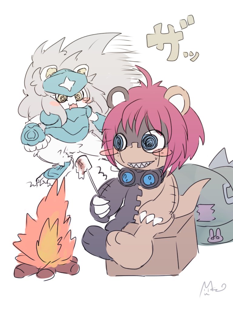 anthro armor blush campfire candy claws cooking dessert duo eyewear food fur goggles grin hair headgear helmet male marshmallow pink_hair sharp_teeth sitting smile stitch_(sewing) teeth white_body white_fur mkz_dg bandai_namco digimon digimon_(species) felid lion ludomon mammal pantherine spadamon 3:4