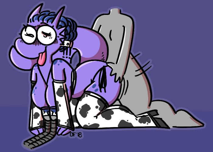 animal_print anthro black_clothing blue_hair blush blush_lines bodily_fluids breast_milking breasts clothing cow_clothing cow_print duo eyewear female glasses hair lactating looking_pleasured machine male male/female milking_machine one_eye_closed purple_body purple_scales purple_tail scales tail tongue tongue_out white_clothing dogfluid mythology florentine dragon humanoid mythological_creature mythological_scalie scalie 2018