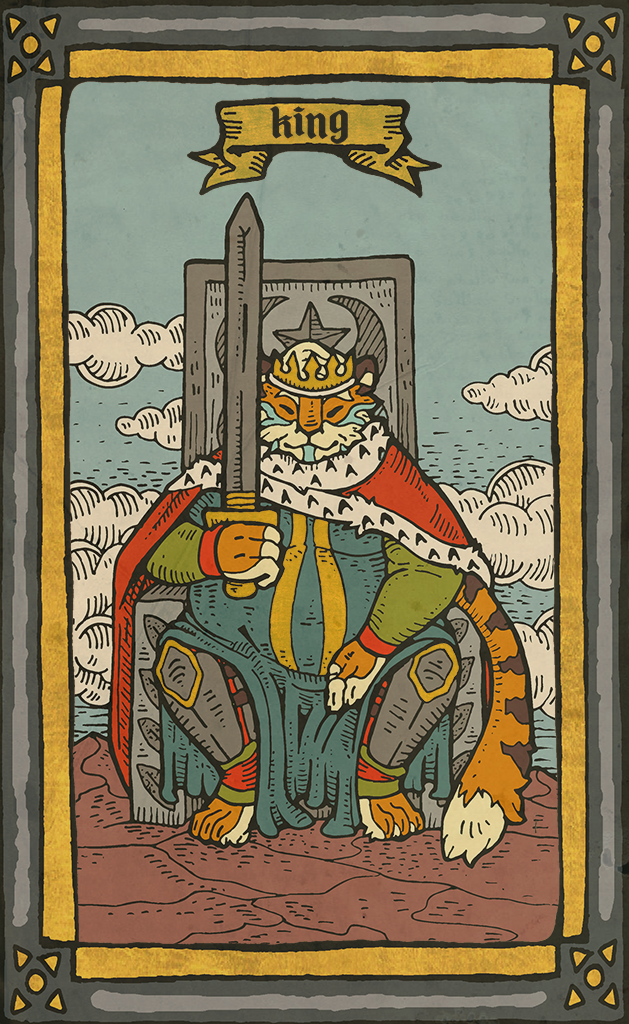 anthro biped card card_template clothed clothing cloud crown eyes_closed fortune_telling fur headgear holding_object king king_of_swords_(tarot) melee_weapon minor_arcana royalty sitting sky solo sword swords_(tarot) tarot tarot_card text weapon musorok max_butterworth felid mammal pantherine tiger digital_media_(artwork) english_text