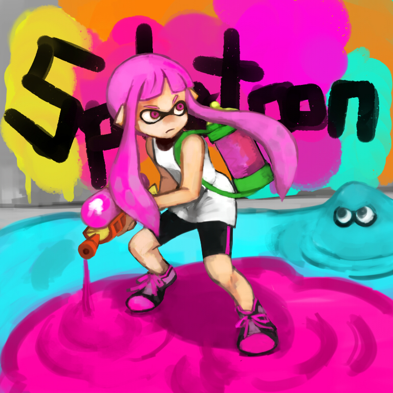 female hair ink ink_tank_(splatoon) pink_eyes pink_hair pointy_ears pseudo_hair slime solo splattershot tentacle_hair tentacles parakasu nintendo splatoon inkling_girl animal_humanoid cephalopod cephalopod_humanoid goo_creature humanoid inkling marine marine_humanoid mollusk mollusk_humanoid 1:1