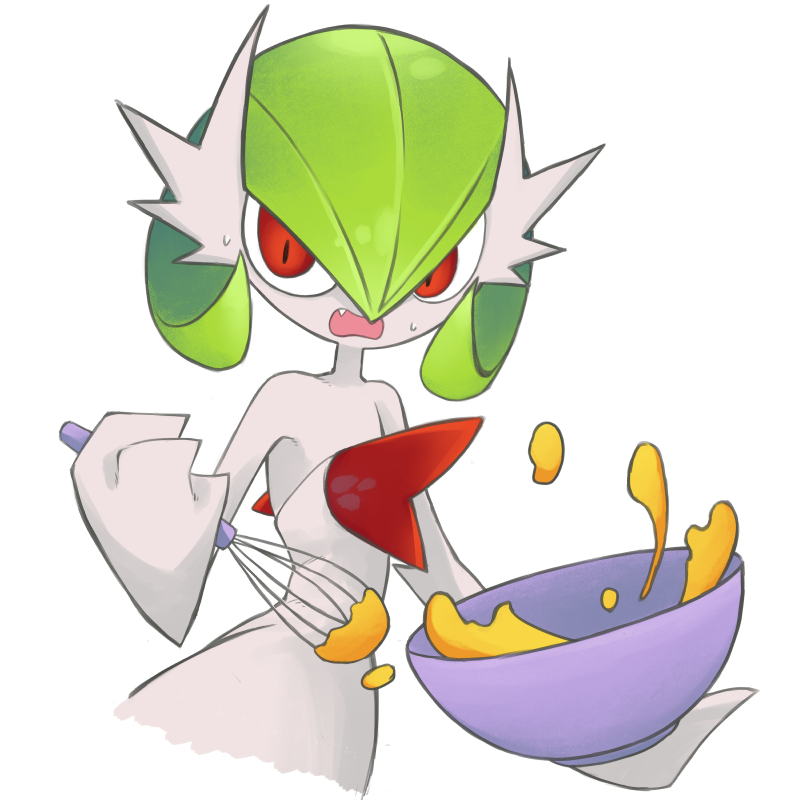 ambiguous_gender bowl chest_spike container draining food green_hair hair honey_(food) kitchen_utensils red_eyes shocked simple_background solo spikes spikes_(anatomy) tools whisk white_background white_body beetarp nintendo pokemon generation_6_pokemon mega_evolution mega_gardevoir pokemon_(species) 1:1