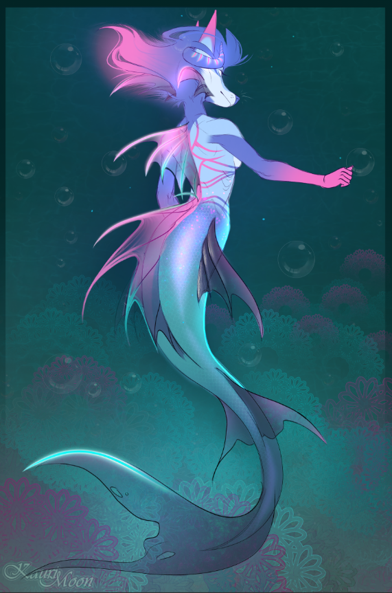 air_bubble anthro blue_body blue_hair female fin fish_tail hair looking_away multicolored_body multicolored_hair pink_body pink_hair pink_stripes rear_view solo striped_body stripes swimming kaurimoon sora_(sorafoxyteils) reptile scalie