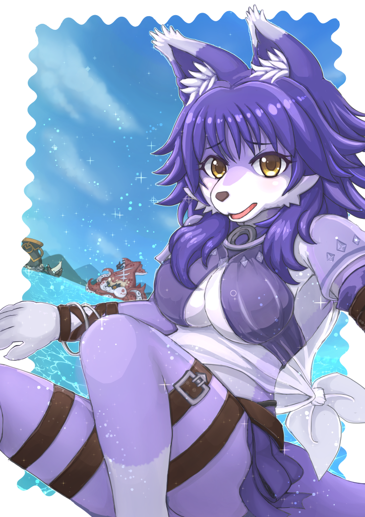 5_fingers anthro armband belt big_breasts blush border bracelet breasts brown_nose cheek_tuft claws cleavage clothed clothing cloud day detailed_background dipstick_ears ear_markings facial_tuft female female_anthro fingers fur glistening glistening_hair gloves_(marking) hair inner_ear_fluff jewelry kemono leg_markings looking_at_viewer markings multicolored_body multicolored_ears multicolored_fur open_mouth outside purple_hair sky socks_(marking) solo swimwear tail tongue translucent translucent_clothing tuft water white_body white_border white_fur yellow_eyes agura_(pixiv) cygames princess_connect! princess_connect!_re:dive makoto_aki canid canine fox mammal 2020 digital_media_(artwork)