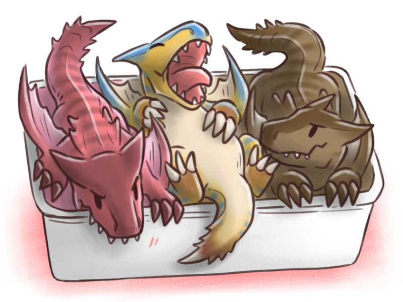 ambiguous_gender box container feral group in_box in_container simple_background trio white_background canes-cm capcom monster_hunter brute_tigrex flying_wyvern molten_tigrex reptile scalie tigrex 4:3