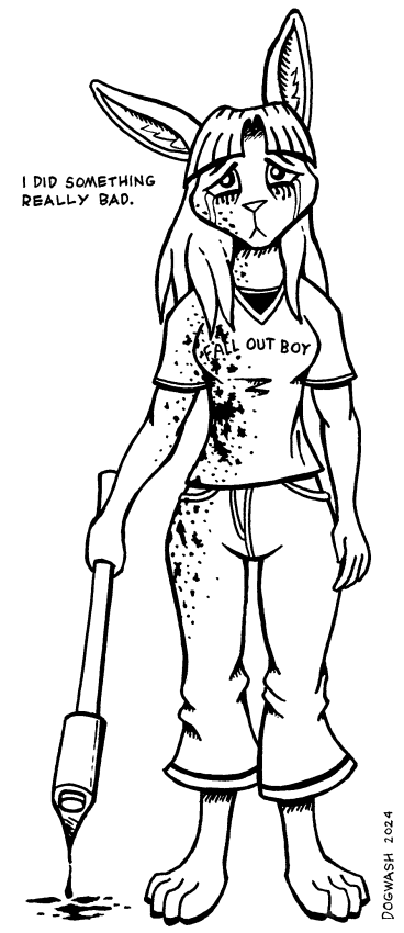 anthro axe barefoot blood blood_drip blood_on_arm blood_on_clothing blood_on_face blood_splatter bodily_fluids clothing digitigrade dripping feet female holding_axe holding_object makeup mascara mascara_tears sad solo tears text dogwash fall_out_boy lagomorph leporid mammal rabbit english_text monochrome pen_(artwork) traditional_media_(artwork)