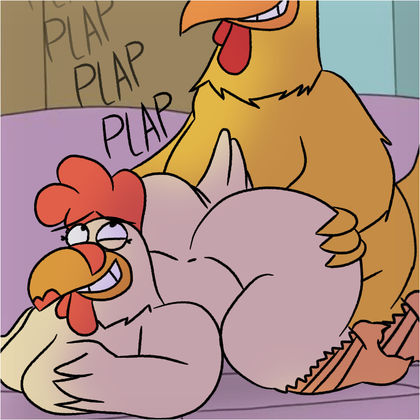 anthro duo female furniture male male/female sex sofa sofa_sex sound_effects tan_body yellow_body megabox family_guy ernie_the_giant_chicken nicole_the_giant_hen avian bird chicken galliform gallus_(genus) phasianid 1:1