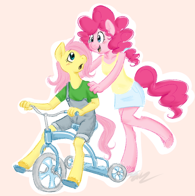 anthro anthrofied blue_eyes blush clothed clothing duo female simple_background tail tricycle vehicle cartoonlion friendship_is_magic hasbro my_little_pony fluttershy_(mlp) pinkie_pie_(mlp) earth_pony equid equine horse mammal pony 2012