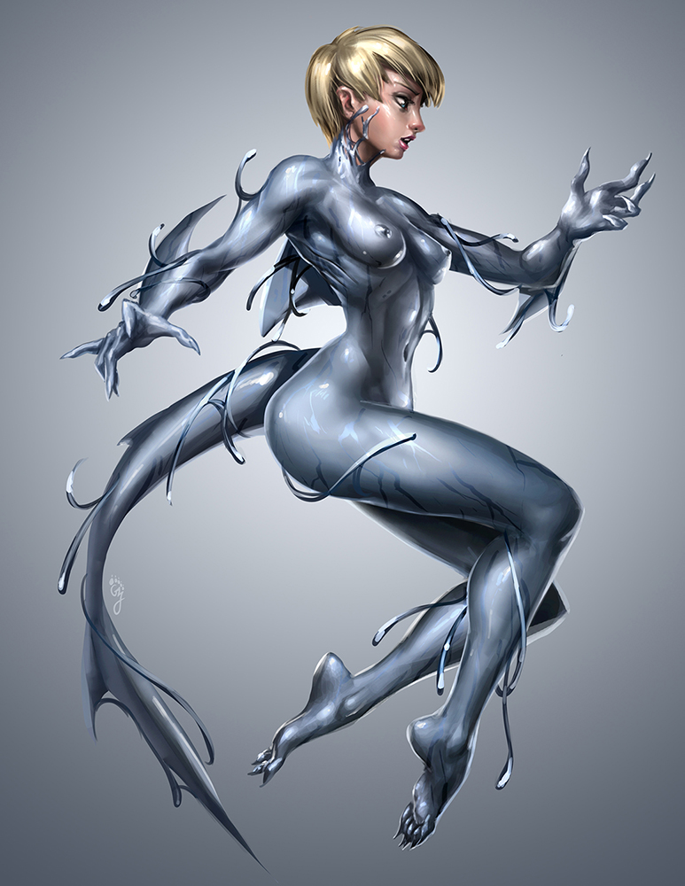 anthro blonde_hair breasts claws female goo_transformation hair navel nipples non-mammal_breasts nude open_mouth short_hair simple_background solo transformation geckzgo fish marine shark symbiote 2018