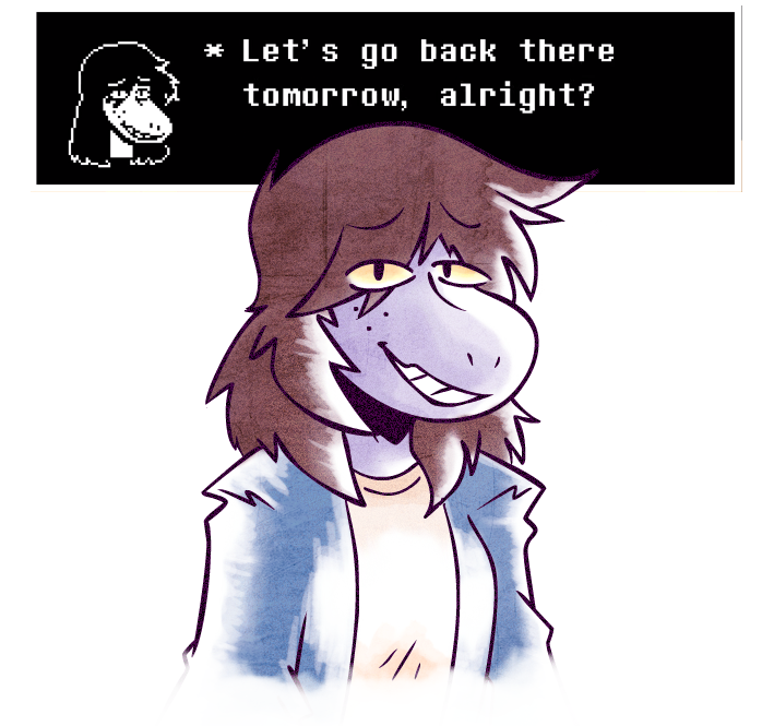 anthro brown_hair clothing dialogue female freckles hair long_hair looking_at_viewer simple_background smile solo teeth text text_box nkognz deltarune undertale_(series) susie_(deltarune) scalie english_text