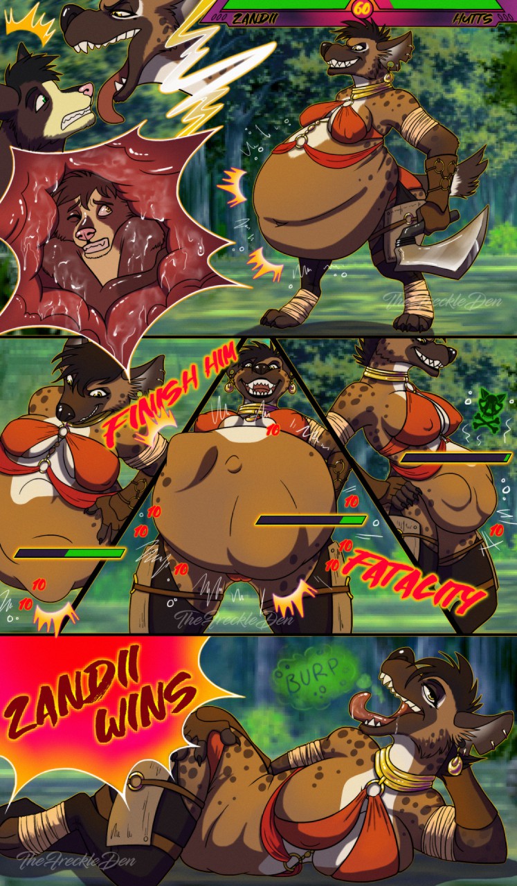 after_vore anthro anthro_pred anthro_prey belly big_belly big_breasts bodily_noises breasts burp_cloud burping cutaway death digestion duo fatality female female_anthro female_pred fighting_game gameplay_mechanics gui health_bar huge_belly inside_stomach internal looking_at_viewer lying male male/female male_prey nipple_outline on_side onomatopoeia oral_vore organs rumbling_stomach same_size_vore skull_and_crossbones sound_effects stomach text vore weight_gain thefreckleden mortal_kombat huttser-coyote_(character) zandii_(thefreckleden) canid canine canis coyote hyena mammal spotted_hyena comic digital_media_(artwork) hi_res