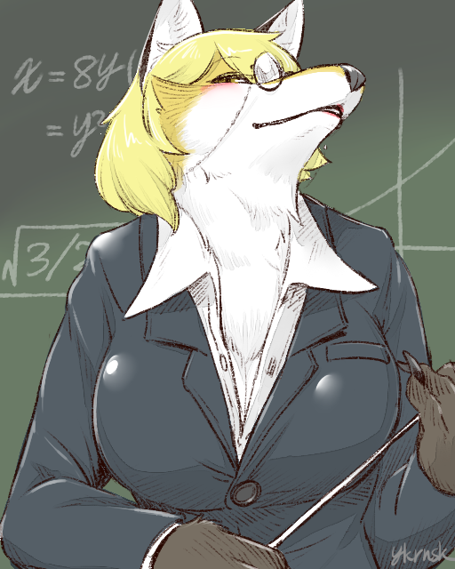 alternate_species anthro big_breasts black_clothing black_suit blonde_hair blush breasts business_suit button_(fastener) chalkboard claws cleavage clothed clothing eyewear female fur furrification hair holding_object kemono looking_at_viewer looking_down math monocle multicolored_body multicolored_fur neck_tuft pointer shirt short_hair solo stick straining_buttons suit teacher topwear tuft two_tone_body two_tone_fur white_body white_clothing white_fur white_shirt white_topwear yellow_body yellow_eyes yellow_fur yukaran_nosuke touhou ran_yakumo canid canine fox mammal 4:5