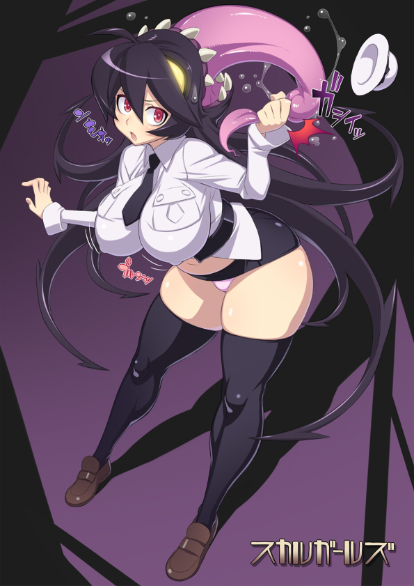 5_fingers big_breasts blush bodily_fluids breasts clothed clothing female fingers hair hat headgear headwear legwear long_hair nipple_outline not_furry open_mouth panties red_eyes saliva solo sound_effects teeth text thigh_highs tight_clothing tongue tongue_grab underwear uno_makoto skullgirls filia samson_(skullgirls) humanoid japanese_text