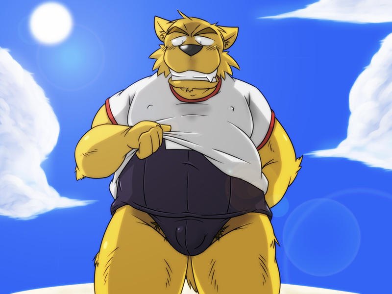 anthro belly black_nose brown_body brown_fur bulge clothing fur humanoid_hands kemono male outside overweight overweight_anthro overweight_male shirt solo sun topwear oogamikennta canid canine canis domestic_dog mammal 2011 4:3