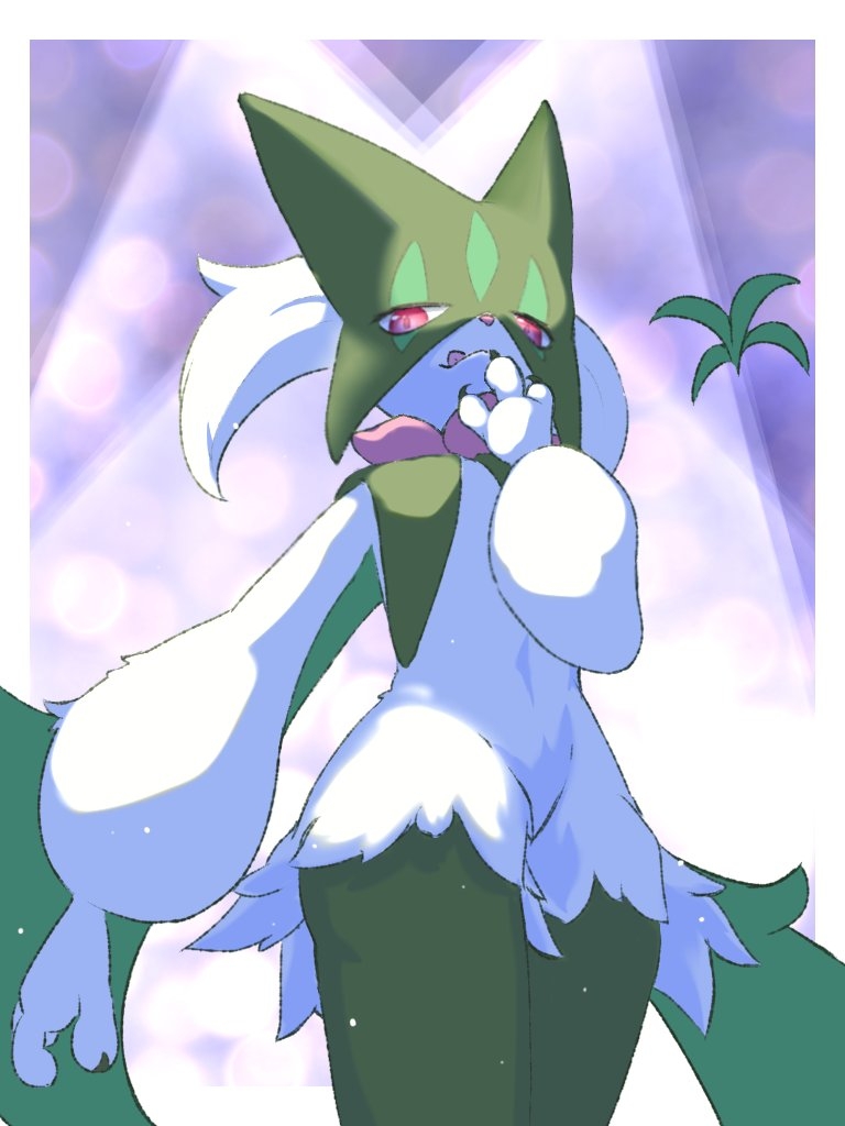 ambiguous_gender anthro fur solo tongue tongue_out white_body white_fur yuui nintendo pokemon generation_9_pokemon meowscarada pokemon_(species) 3:4