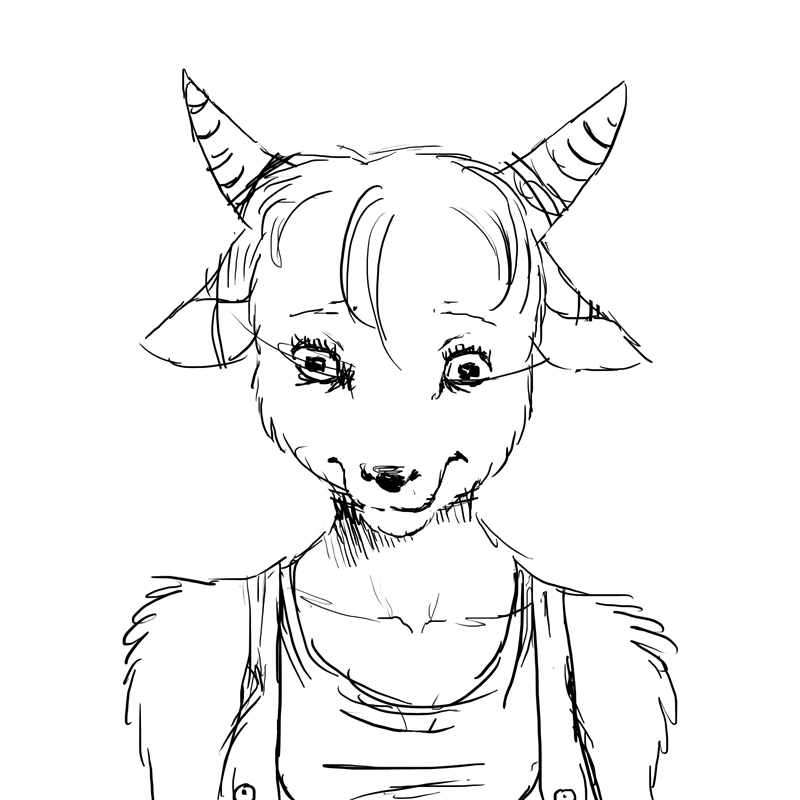 2_horns anthro breasts clothing eyebrows eyelashes female fur horn medium_breasts overalls shirt simple_background snout solo topwear white_background fidchellvore nan_quest nan_(nq) bovid caprine goat mammal 1:1 2011 black_and_white bust_portrait monochrome portrait