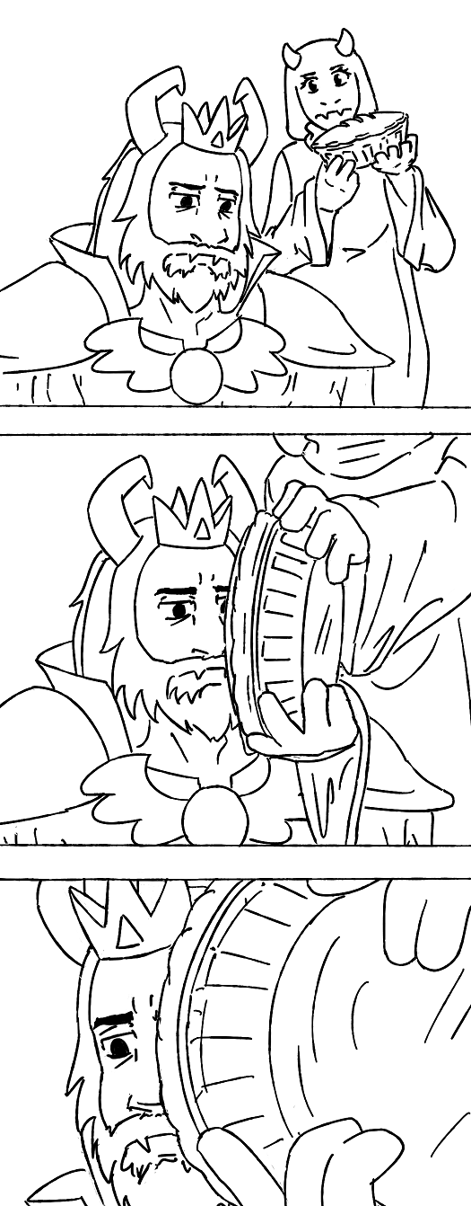 anthro beard crown dessert duo facial_hair female food frown headgear horn male parody pastry pie why unknown_artist parks_and_recreation undertale undertale_(series) asgore_dreemurr toriel boss_monster_(undertale) bovid caprine mammal 2015 black_and_white digital_drawing_(artwork) digital_media_(artwork) hi_res monochrome