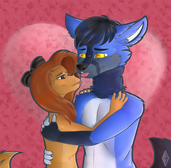 anthro black_nose blue_body blue_fur brown_body duo female fur hair hair_bun heart_symbol hug love male male/female multicolored_body yellow_eyes kadeki disney the_fox_and_the_hound dixie_(tfath) vicente_(romeodog) canid canine canis domestic_dog mammal wolf