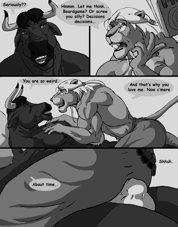 anthro bottomwear bulge clothed clothing dialogue male male/male muscular pants pecs tail text sudonym bovid bovine cattle felid lion mammal pantherine comic english_text greyscale monochrome