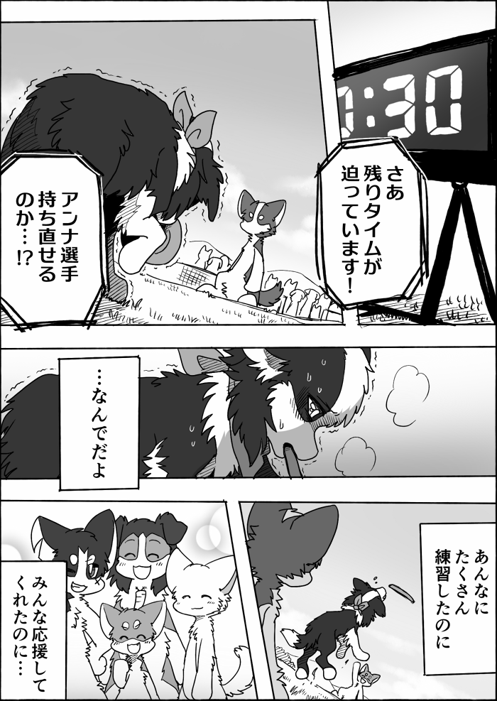 female feral frisbee group male text ayaka a-chan anna_(ayaka) jacky_(ayaka) kyappy mashiro shibeta canid canine canis collie domestic_dog herding_dog husky mammal nordic_sled_dog pastoral_dog sheepdog shiba_inu spitz 2021 comic japanese_text monochrome right_to_left translated