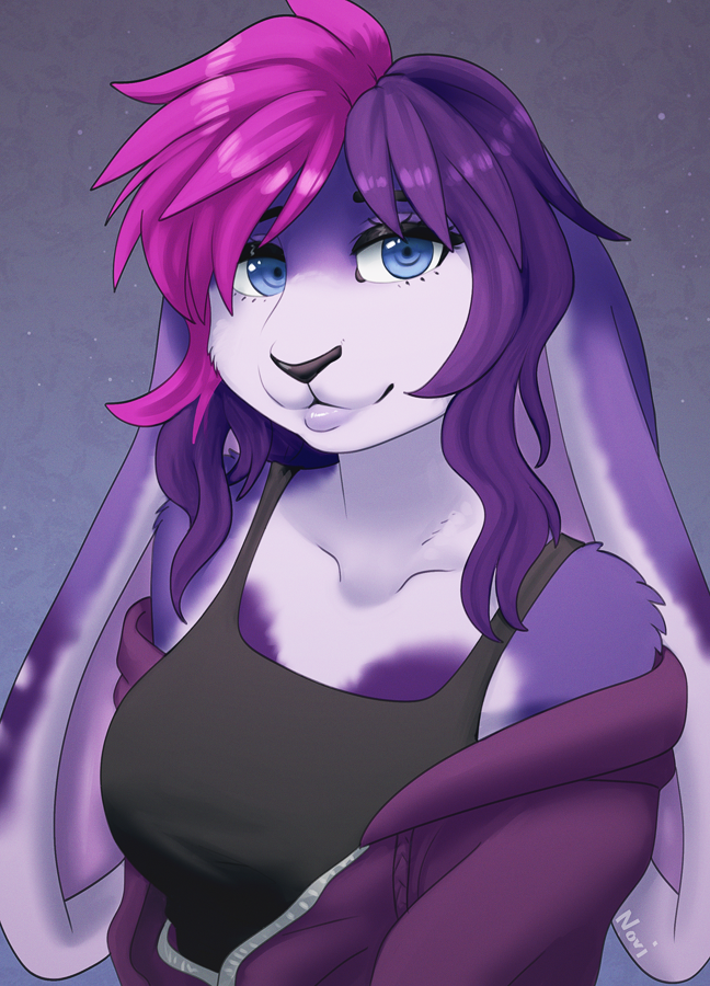 anthro blue_eyes breasts clothed clothing eyebrows eyelashes female fur hair pink_hair purple_body purple_fur purple_hair smile solo noviraine nazra nazra_mitra lagomorph leporid mammal rabbit 2023 digital_media_(artwork)