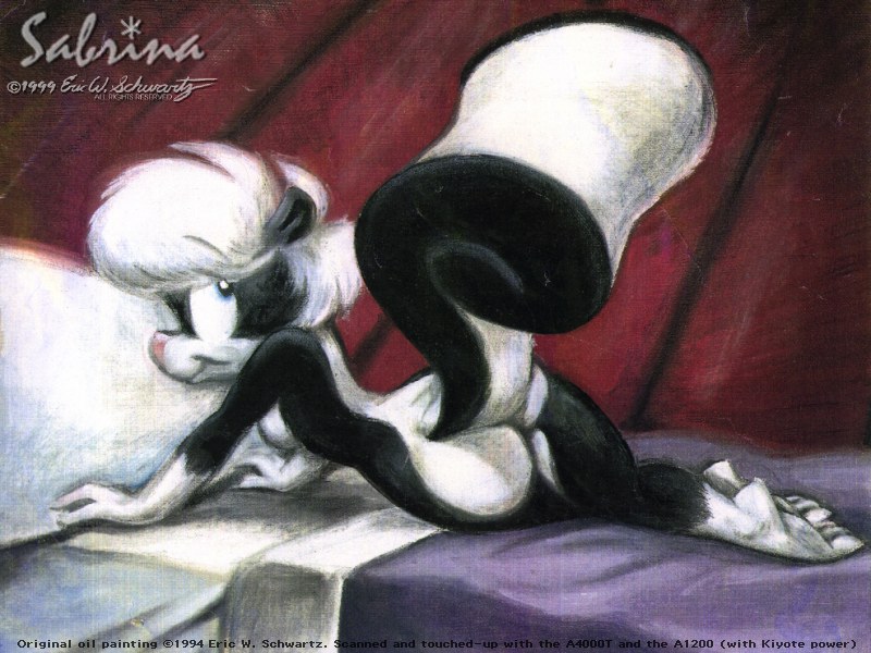 3_toes 4_toes anthro bed black_body black_fur blue_eyes breasts butt countershading curtains detailed_background feet female fur furniture lying nude paws pink_nose pose soles solo text toes white_body white_fur eric_schwartz sabrina_online sabrina_(sabrina_online) mammal mephitid skunk 1994 1999 4:3 character_name english_text oil_painting_(artwork) painting_(artwork) pinup signature traditional_media_(artwork) wallpaper