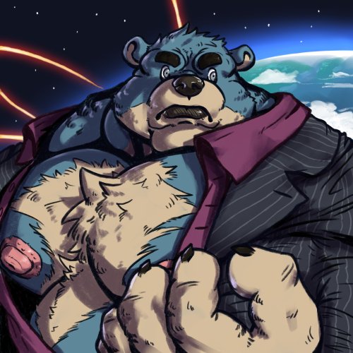 anthro belly black_nose blue_body blue_eyes blue_fur body_hair chest_hair claws clothing coat cosplay detailed_background earth front_view fur hairy male manly mature_anthro mature_male muscular muscular_anthro muscular_male nipples paws pecs planet pose solo space topwear bluekumabox capcom street_fighter american_black_bear bear black_bear mammal ursine 1:1 low_res